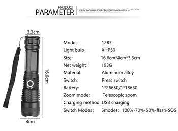 8 Apšvietimo Režimo Led žibintuvėlis Su indukcijos XHP70.2 Juodos Šviesos lauko vandeniui kolonėlė Su USB įmontuota baterija