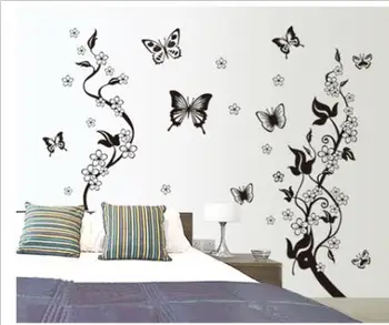 8pcs juoda drugelių ir gėlių, medžių, sienų apdaila lipdukas, skaidrios PVC sienų lipdukas TV Ekrano Kambarį Dekoro