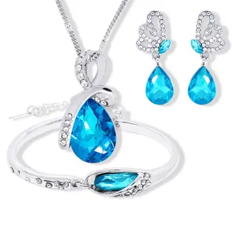 925 sterlingas sidabro karoliai, auskarai, apyrankės, ponios vestuvių Fine jewelry nustatyti vandens lašai, mėlyna kristalų pakabukas širdies S0149