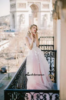 Abendkleider Blush Pink Gėlių Tiulio Vestuvių Suknelės, Seksualus Backless Lace A-line Bridal Suknelės, Chalatas De Soiree Naują Atvykimo