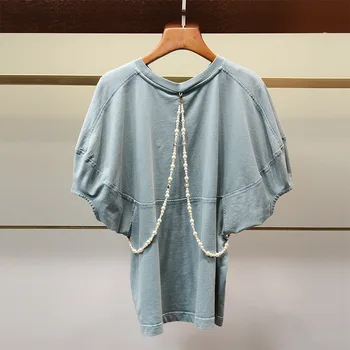 AELESEEN kilimo ir tūpimo Tako Fashion Blue Marškinėliai Dizaineris Aukštos Kokybės laisvo Stiliaus T-Shirt Spausdinti Prabangių Perlų Chian Atsitiktinis Šalis T-Shirts
