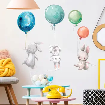 Akvarelė mielas triušis sienų lipdukai vaikams, vaikų kambariai dekoro animacinių filmų balionas katytė pvc lipdukai namų apdaila, sienų freskomis