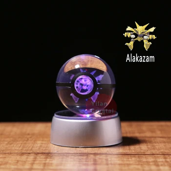 Alakazam Pokeball Graviravimas Round Crystal Su Juoda Linija Gražus Mados 50mm*50mm Kamuolys Su LED Bazė Crystal Bazės