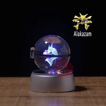 Alakazam Pokeball Graviravimas Round Crystal Su Juoda Linija Gražus Mados 50mm*50mm Kamuolys Su LED Bazė Crystal Bazės