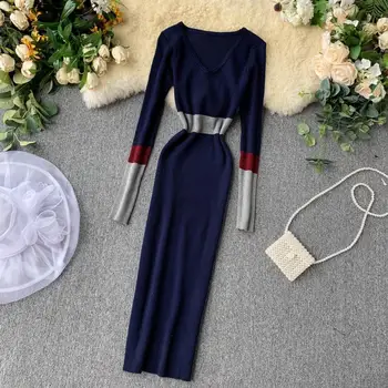 ALPHALMODA 2019 m. Rudenį Naujų Senovinių Megzti Suknelę Moteris Blokuoti Spalvos ilgomis rankovėmis Elegantiškas Žiemos Dress Mezgimo Apvalkalas Suknelė