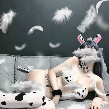 Anime Cosplay apatinis trikotažas Moterims Mielas Karvių Micro Bikini Komplektas Lingerie Sexy Liemenėlė ir Juosmenėlės Nustatyti Babydoll Sekso Balta naktinis klubas Vienodas