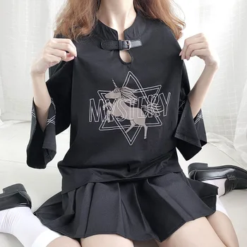 Anime viršūnes Moterys T-shirt jk vienodas Vasarą, rudenį moteriški drabužiai kawaii Trumpas rankovės Padalinta Merginos harajuku vienaragis Juoda