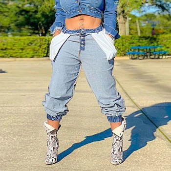 Asmenybės Nešioti ant Abiejų Pusių Džinsinio audinio Kelnių Moterų Mados Aukštos Juosmens Mygtukus Aukštyn Prarasti Ziajać Hip-Hop Atsitiktinis Kišenės Baggy Jeans