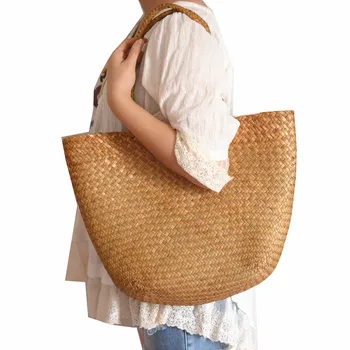 Atsitiktinis šiaudų maišą nešti natūralių vytelių krepšiai moterų didelės talpos paplūdimio pintas rankinukas sodo rankų darbo, austi rotango krepšiai