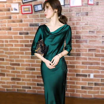 Aukštos Kokybės Moterų Vientisos Spalvos Satino Maxi Suknelė Pusė Rankovės 2021 Korėjos Mados Lady Vasaros Ilgos Suknelės Minkštas Sklandžiai Vestido