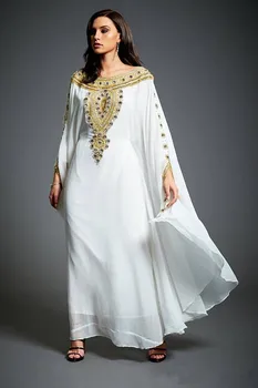 Balta Musulmonų Vakaro Suknelės-line ilgomis Rankovėmis Šifono Zawalcowany Kristalai Maroko Kaftan Dubajus, Saudo Arabija Ilgai Prom Dress Suknelė