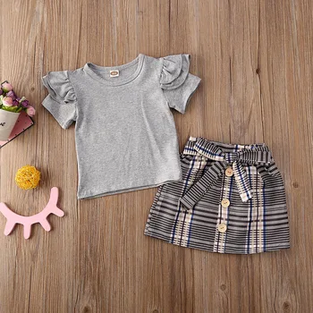 Bamblys baby girl dviejų dalių rinkinys, pynimas marškinėliai pledas sijonas vaikai mergina aprangą drabužių rinkiniai