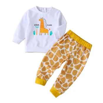 Bamblys Kūdikiai, Vaikai, Kūdikis, Berniukas, Mergaitė, Drabužiai Nustatyti 2020 m. Rudenį Rudenį ilgomis Rankovėmis Žirafa Apvalios Kaklo marškinėliai Kelnės Drabužių Medvilnės 2vnt