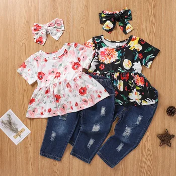 Bamblys vaikams, kūdikių mergaitės trumpi lseeve gėlių spausdinti topai marškinėliai kaspinai lankas džinsinio skylę kelnės vaikams drabužių rinkiniai 3pcs 1-6Y