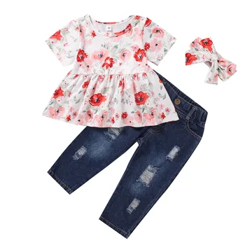 Bamblys vaikams, kūdikių mergaitės trumpi lseeve gėlių spausdinti topai marškinėliai kaspinai lankas džinsinio skylę kelnės vaikams drabužių rinkiniai 3pcs 1-6Y