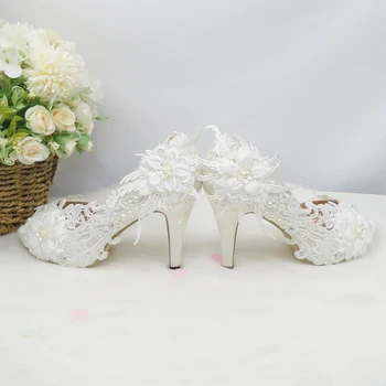 BaoYaFang Atidaryti Tne Balta Nėrinių gėlių batus moteris aukštakulnius Siurbliai Moterų vestuvių batai Peep Toe mados batai Plonas Kulnas Siurbliai