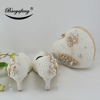 BaoYaFang White pearl Moterų vestuvių batai su atitikimo krepšiai nuotaka 7cm Plonas kulnas Povas Ponios Paty batų ir maišas Didelis dydis