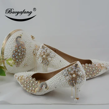 BaoYaFang White pearl Moterų vestuvių batai su atitikimo krepšiai nuotaka 7cm Plonas kulnas Povas Ponios Paty batų ir maišas Didelis dydis