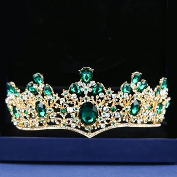 Baroko Aukso Karūną & Tiara Nuotaka Kaspinai Žalia Kalnų Krištolas Crystal Crown Plaukų Papuošalai Inscenizacija Prom Moterų Galvos Priedai