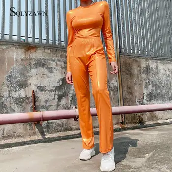 Blizgučiai kropkowany Oranžinės spalvos Dviejų dalių Komplektas Moteris Patenka ilgomis Rankovėmis Marškinėliai ir Kelnės Streetwear China Atitikimo Co Ords Klubo Apranga