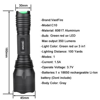 C10 1 Režimo LED Medžioklės Ginklas Žibintai Žalia/Raudona/UV 3 Spalvų 1 Taktinis Šviesos Lauko Žvejybos+18650 Baterija