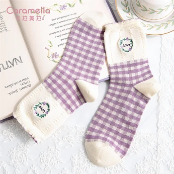 Caramella 2020 Medvilnės Moterų Kojinės 3Pairs/Daug Naujo Dizaino Gėlių Mergaičių Kojinės Saldus Gride Trumpas Kojines Mielas Violetinis Moterų Kojinės