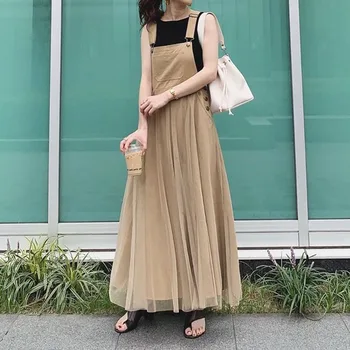 Chaki Petnešos Tinklelio, Be Rankovių Aukštos Juosmens Moterų Suknelė Japonija 2020 Metų Vasaros Ponios Maxi Suknelės Korėja Plėtra Femme Vestiods