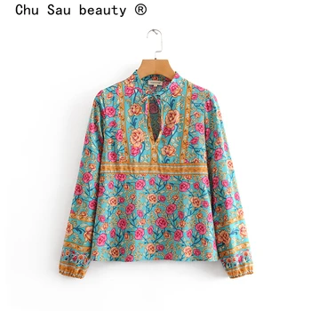 Chu Sau grožį 2019 Naujas Mados Senovinių Rožių Gėlių Spausdinti Palaidinės Moterims Boho Lankas Gražus Marškinėliai Moteriška Camisa De Moda