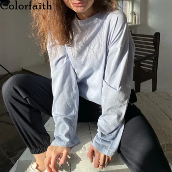 Colorfaith Naujas 2021 Moterų Žiemos, Pavasario T-shirt Kieto 10 Spalvų, Žemiausią Pagrindinių Mados Minimalistinio Negabaritinių Laukinių Viršūnes T074