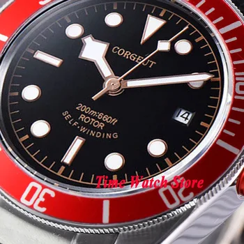 Corgeut 41mm Miyota 8215 Automatinė vyrų laikrodis safyro stiklas black dial šviesos raudonos keramikos bezel SS apyrankę Co99