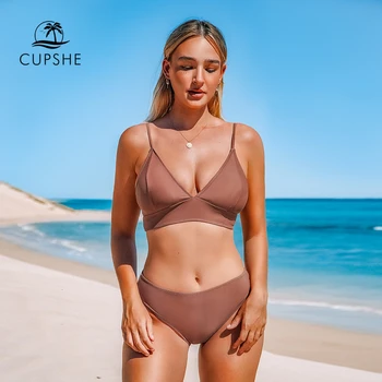CUPSHE Brown Lace-Up Bikini Rinkiniai Moterims Trikampio Vidurio Juosmens Dviejų dalių Maudymosi 2021 Mergina Paprasto Paplūdimio Maudymosi Kostiumą, maudymosi Kostiumėliai,