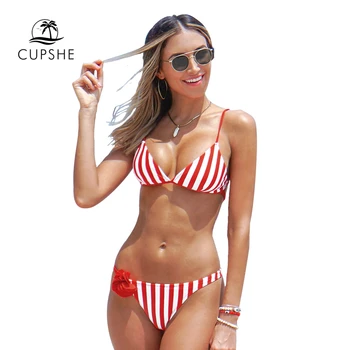 CUPSHE Raudona ir Balta Juostele Trikampis Bikini Rinkiniai, Seksualus Gėlių Kamšalu maudymosi kostiumėlį Dviejų dalių maudymosi Kostiumėliai Moterims, 2021 Paplūdimio Maudymosi Kostiumas