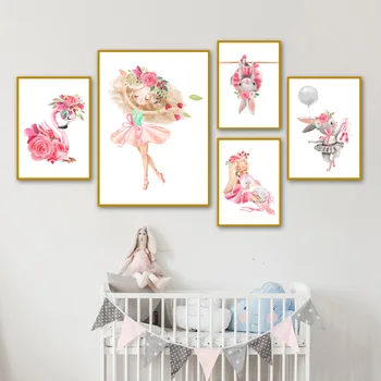 Cute Girl Triušis Vienaragis Flamingo Rožių Gėlių Šiaurės Plakatai Ir Spausdina Sienos Meno Tapybos Drobės Sienos Nuotraukos, Vaikų Kambario Dekoro
