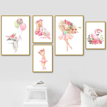 Cute Girl Triušis Vienaragis Flamingo Rožių Gėlių Šiaurės Plakatai Ir Spausdina Sienos Meno Tapybos Drobės Sienos Nuotraukos, Vaikų Kambario Dekoro