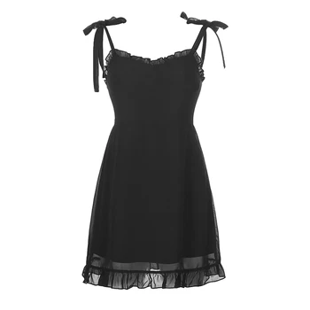 Darlingaga Strappy Gotikos Tamsiai Raukiniai Tinklelio Suknelė Y2K Estetinės Kietos Juodos Suknelės Mini Doyble Sluoksnis Pinikai Vasaros Suknelė Moteris