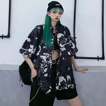 Deeptwon Anime Spausdinti Moterų Marškiniai Harajuku Hip-Hop Ponios Atsitiktinis Mygtuką Iki Marškinėliai Trumpomis Rankovėmis Streetwear Fashion Palaidinė Moterims