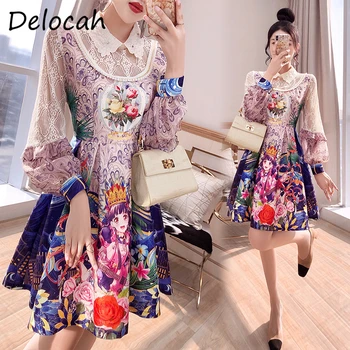 Delcoah Moterų Pavasario 2021 Naujas Mados Dizaineris Šalies Midi Suknelė Žibintų Rankovės Nėrinių Duobute Aukšto Juosmens Išspausdintas Ponios Suknelės