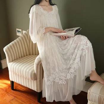 Derliaus Siuvinėjimo Balti Nėriniai Moterų Ilgai Nightgowns Retro Princesė ilgomis Rankovėmis Sleepwear Rudens ir Pavasario Atostogų Suknelė