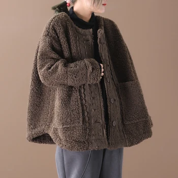 Didelio dydžio ėriukų vilnos, Medvilnės Kailio striukė 2020 m. Žiemos Naujas Moterų mezgimas nėriniai kailio vienas sustorėjimas retro meno medvilnės Paltai Moterims