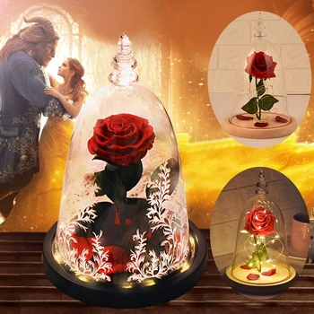 Dirbtinės Gėlės Grožis Ir Žvėris Amžinąjį Gėlių su LED Naktį Lemputė šviečia Kalėdų Gimtadienio Dovanos Mergaitė