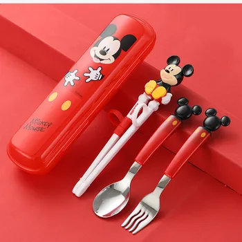 Disney 3D Mickey Indai, stalo įrankiai Rinkinys, skirtas dešiniarankiams Vaikams, Nerūdijančio Plieno Stalo Šaukštas Mokymo Lazdelės Nešiojamų Atveju