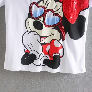 Disney Marškinėliai Elegantiškos Mados Minnie Mouse Animacinių Filmų Blizgučiais Spausdinti Saldus Moterų Marškinėliai Medvilnės O-Kaklo Megztinis Trumpomis Rankovėmis Tee Viršūnės