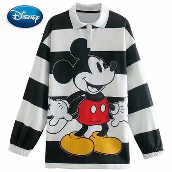 Disney Polo Marškinėliai Atsitiktinis Mickey Mouse Animacinių Filmų Spausdinimo Juoda Balta Kontrastas Spalvos Ilgomis Rankovėmis Harajuku Moterų Korėjos Moterų Tee Viršūnės
