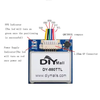 DIYmall DY-880TTL GPS Modulis GLONASS Beidou 72CH TTL 1-10Hz Build-in Flash ir Kompasas QMC5883L G28U8FDTTL