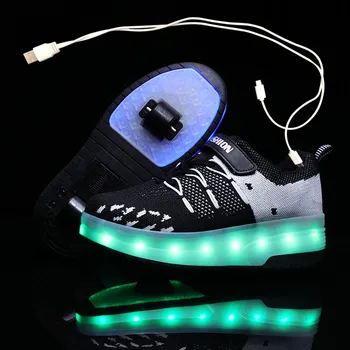 Dvi Žalios LED usb įkrovimo roller batai spindinčią šviesą šviesos sportbačiai su ratais vaikai volai skate batai berniukas mergaičių
