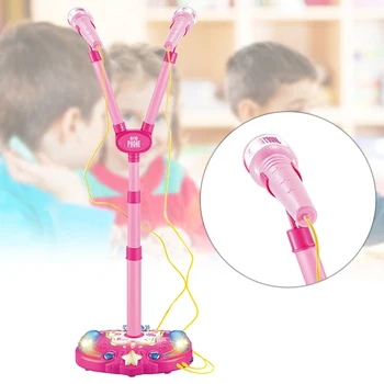 Dvigubas Mikrofonas Reguliuojamas Stovas Dovanų Vaikams Karaoke Žaislas Su Šviesos Juokingi Merginos Garso Mokymosi Pradžioje Švietimo Namų Laidinį