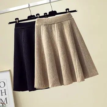Elastinga Juosmens Dydį, Megztas Sijonas Rudens Žiemos Naujas Moterų Prarasti-line Klostuotas Mini Sijonai faldas mujer moda 2019 f2772