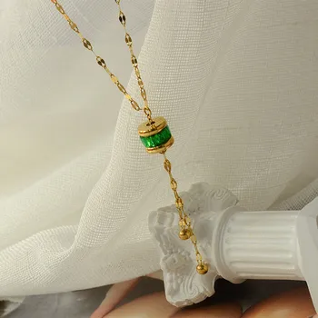 Elegantiška žalia kristalų pakabukas cilindro karoliai moterų papuošalai, paprastas paauksuoto nerūdijančio plieno kutas karoliai moteris