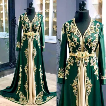 Elegantiška Žalia Promenadzie Suknelė Kristalų Duobute Satin A-Line Musulmonų Vakaro Suknelės 2020 V-Kaklo, Siuvinėjimo Dubajus Šalis Suknelė vestidos