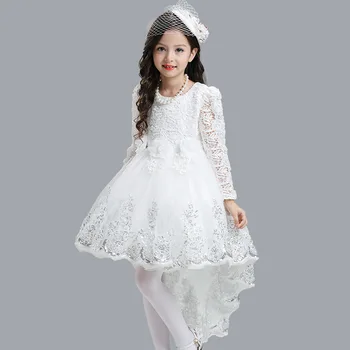 Elegantiškas Nėrinių Ilgomis Rankovėmis Princesė Merginos Suderinta Aprangos, Vaikams, Vaikų Gale Blizgančiais Gėlės Baltos Gimtadienio Prom Dress